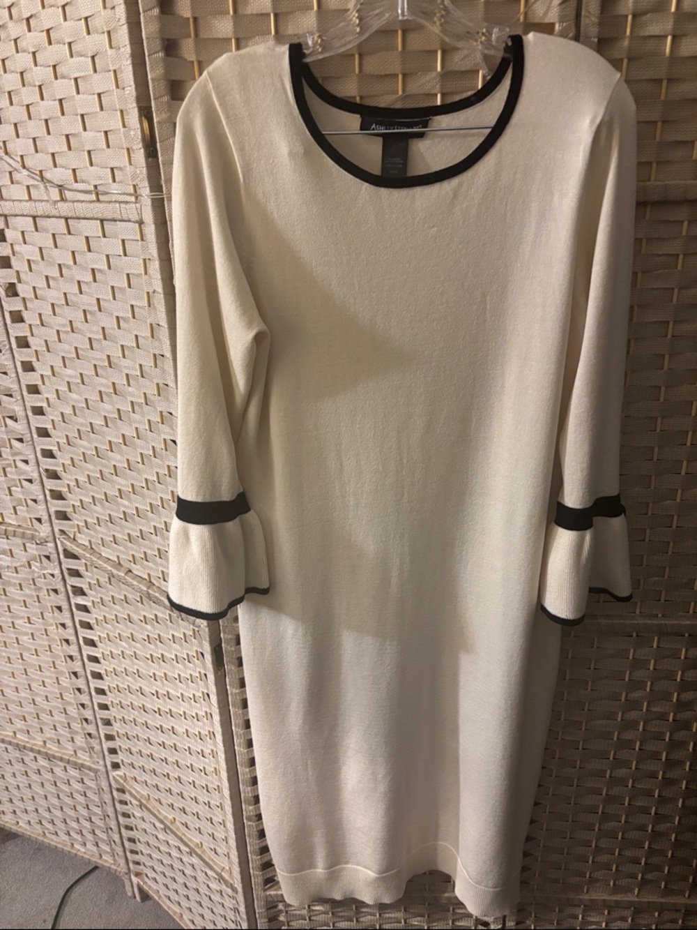 Ashley Steward Cream Long-Sleeve Shift Dress with Black Trim